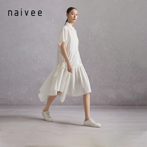 naivee纳薇22夏通勤复古知性文艺匹马棉小众设计感白色连衣裙女