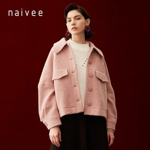 纳薇全羊毛工装风粉红色廓形毛呢外套短款大衣小个子