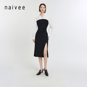 naivee24春新款时髦高级感穿搭黑白拼接假两件开衩收腰OL连衣裙女