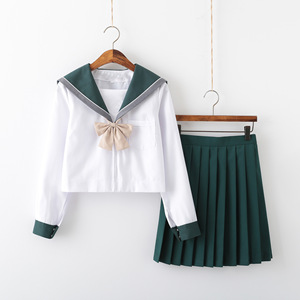 墨绿双色领一本 正统软妹jk制服裙 优等生水手服班校服中间服套装