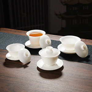 白瓷盖碗单个素烧羊脂玉茶具茶碗带盖陶瓷功夫三才碗泡茶碗盖碗杯