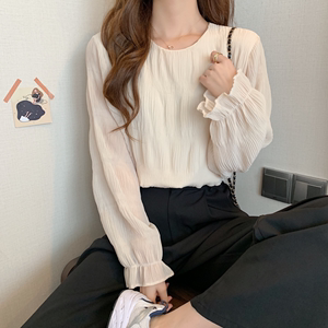 韩国STYLESNADA2023新款褶皱衬衫女洋气设计感小众长袖雪纺上衣潮