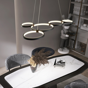 北欧创意个性五环吊灯 现代简约客厅餐厅灯LED圆圈五头黑色饭厅灯