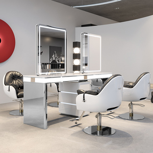 新款网红理发店烫染镜台发廊专用剪发镜带灯带桌子一体美发店镜子