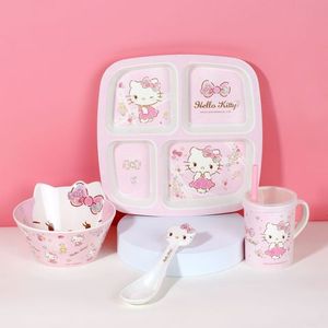 筷子杯饭碗勺儿童碗杯密胺餐具具粉色餐具四格盘猫头五和系列