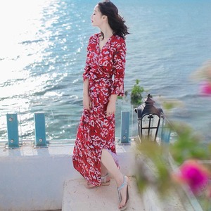 夏季修身显瘦中袖雪纺小个子连衣长裙越南芽庄旅游沙滩裙海边度假