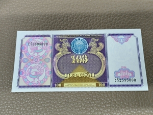 豹子号乌兹别克斯坦100索姆1994年亚洲外国钱币纸币外币货币保真