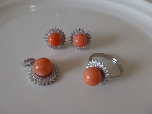【和韵集】日本有机宝石 MISU 粉色圆珠 耳钉 吊坠 戒指 三件套