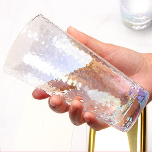 锤目纹玻璃水杯炫彩水晶耐高温日式大口透明饮料杯金边雨点彩虹杯