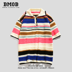 BMOB美式复古彩虹条纹镂空针织polo短袖T恤衫男夏季宽松休闲上衣
