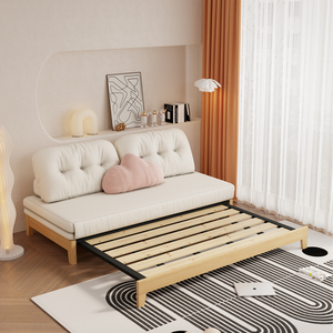 实木奶油风沙发可折叠坐卧两用防猫爪布客厅卧室多功能隐形沙发床