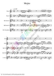 周杰伦 莫吉托 Mojito 2长笛2单簧管1萨克斯 木管五重奏总谱分谱