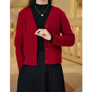羊毛衫短款针织开衫春秋季新款提花麻花宽松显瘦外套红色洋气上衣