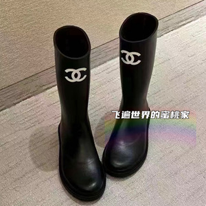 【现货】chanel香奈儿女鞋爆款 经典黑色长筒高帮白色双C雨靴鞋子