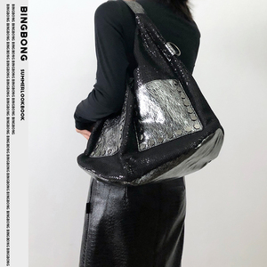 BINGBONG|暗黑单肩包个性大托特包小众设计酷包包闪片拼接大包