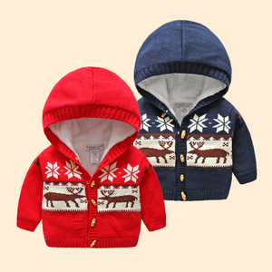 男宝宝加绒外套连帽冬季0-1男童毛衣加厚保暖1-2儿童针织开衫提花