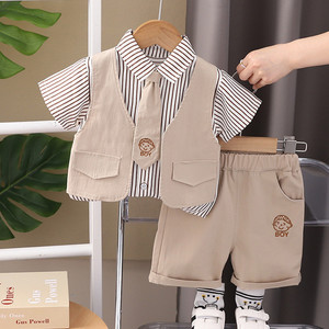 婴儿衣服夏季学院风时尚儿童马甲短袖套装一岁男宝宝帅气英伦童装