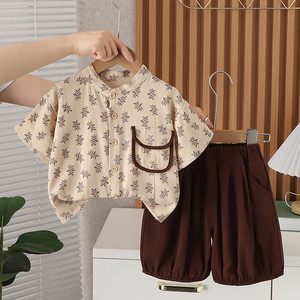 婴儿衣服夏季韩版时尚棉麻透气短袖衬衣套装一岁男宝宝炸街潮童装