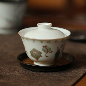 弥云斋【清言】文房清供粉彩盖碗手工拉胚釉上彩薄胎陶瓷茶碗茶壶