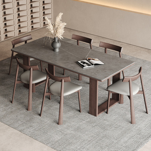 实木岩板餐桌现代简约进口白蜡木实木腿长方形亚光灰色岩板餐桌椅