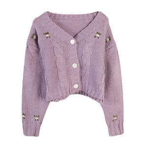 紫色毛衣开衫女短款针织外套粗线v领小个子复古刺绣宽松上衣麻花
