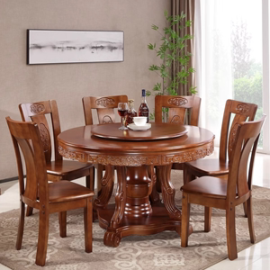 新中式实木圆桌带转盘家用餐桌椅组合橡木雕花圆桌子现代简约饭桌