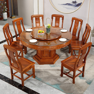 全实木仿古餐桌椅组合圆形饭桌带转盘家用中式红木餐厅10人大圆桌