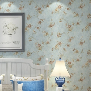 浅蓝色3D美式乡村浮雕墙纸 卧室客厅美容院田园小花 现代简约壁纸
