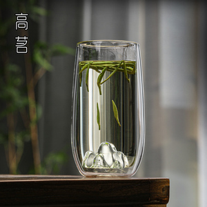 日式玻璃双层观山绿茶专用水杯男士办公室泡茶杯单个高端喝茶杯子