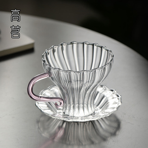 玻璃小茶杯带把女士品茗杯单只功夫茶普洱茶杯带杯垫咖啡杯斗笠杯