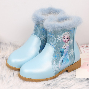 女童短靴中童艾莎公主靴子秋冬季新款宝宝棉鞋小女孩加绒雪地靴子
