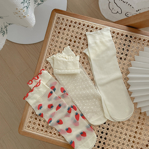 夏季薄款丝袜日系可爱韩国小草莓中筒透明玻璃丝花边袜子女玻璃袜