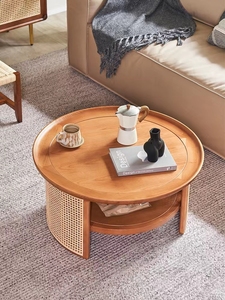 日式实木圆形茶几藤编矮桌家用小户型小圆桌简约现代茶桌子ins风