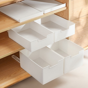 可伸缩轨道收纳抽屉盒橱柜内自制拉篮桌面杂物收纳盒塑料滑轨盒子