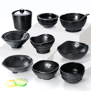 密胺日式餐具高脚塑料饭碗黑色仿瓷米饭小碗商用汤盅方碗防摔汤碗