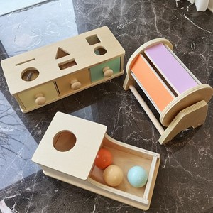 蒙氏早教木质圆球抽屉玩具 目标盒投币盒滚球智力开发益智玩具