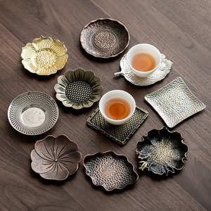日式杯托合金茶杯垫 创意圆形隔热垫仿铜杯垫 复古功夫茶托茶道