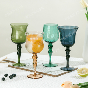 法式高脚杯彩色甜酒杯罗马柱葡萄酒杯绿色玻璃竖纹酒杯家居装饰杯