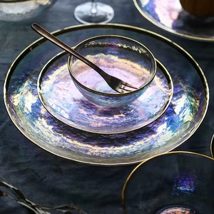 ins玻璃碗沙拉碗西式平盘餐具创意家用牛排盘子水果盘炫彩碗汤碗