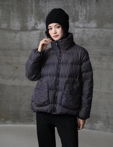 韩国条纹款加厚羽绒服女士冬季高端短款小个子立领面包服棉衣棉袄