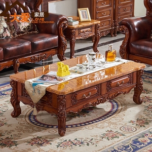 欧式大理石茶几 美式客厅小户型茶桌全实木桌子仿古橡木雕花家具