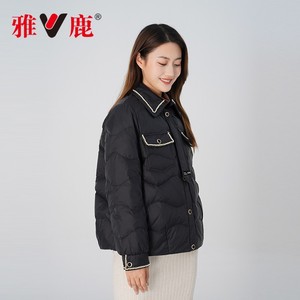 雅鹿旗舰店轻薄短款羽绒服女冬2022新款小个子香风衬衫领黑色外套