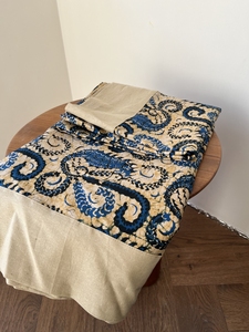 法国进口加厚亚麻印花插角包边单人床单亚麻毯子床尾毯可盖可铺