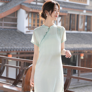 绿色改良旗袍女夏季年轻款茶艺师日常国风连衣裙中式禅意茶服仙气