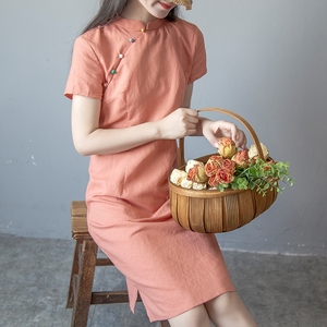 中国风棉麻女装夏季旗袍改良版盘扣连衣裙中式复古小个子禅意茶服