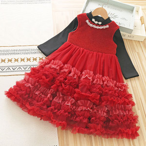 女童连衣裙冬装蛋糕裙公主马甲礼服蓬蓬裙儿童红色打底衫两件套群