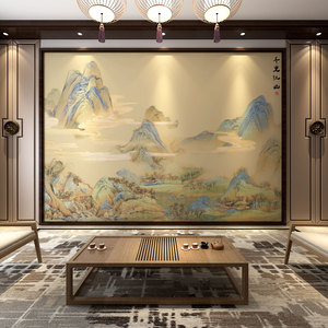 新中式墙布千里江山图壁纸汉服拍照摄影壁画餐厅饭店茶室背景墙纸