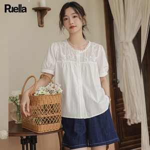 拉夏贝尔Puella小清新白色短袖衬衫女法式设计感复古甜美森系上衣