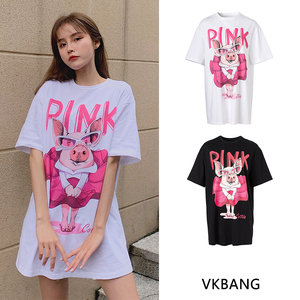 【VKBANG】正品设计师COTTIA 黑白色猪猪女孩纯棉印花短袖T恤裙女