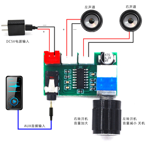 XH-A157 数字功放板PAM8403带音量旋钮AUX输入USB5V供电双3W输出